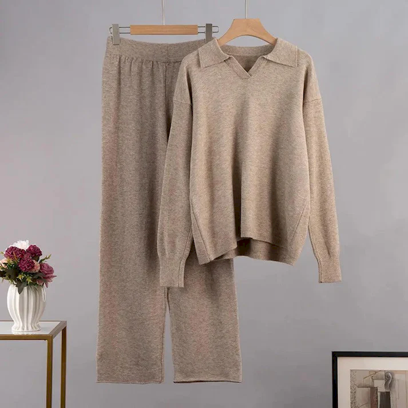 Felicity | Women's Cozy Polo Sweater & Wide-Leg Pants Two-Piece Set