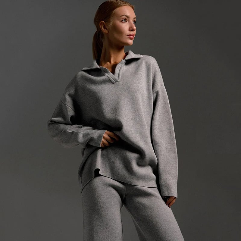 Felicity | Women's Cozy Polo Sweater & Wide-Leg Pants Two-Piece Set