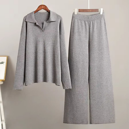 Felicity | Women's Cozy Polo Sweater & Wide-Leg Pants Two-Piece Set