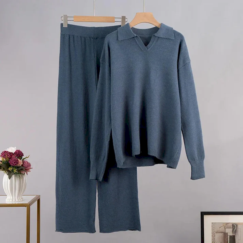 Felicity | Women's Cozy Polo Sweater & Wide-Leg Pants Two-Piece Set