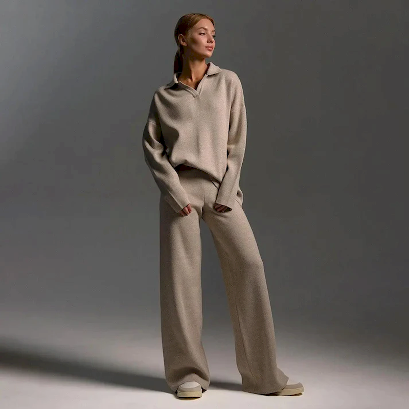 Felicity | Women's Cozy Polo Sweater & Wide-Leg Pants Two-Piece Set