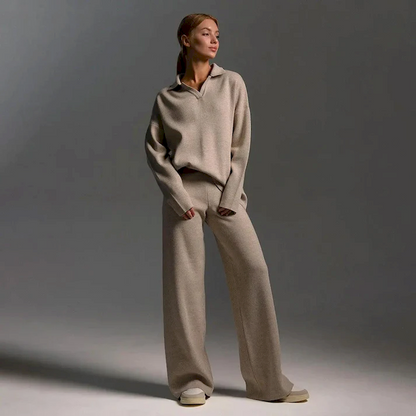 Felicity | Women's Cozy Polo Sweater & Wide-Leg Pants Two-Piece Set